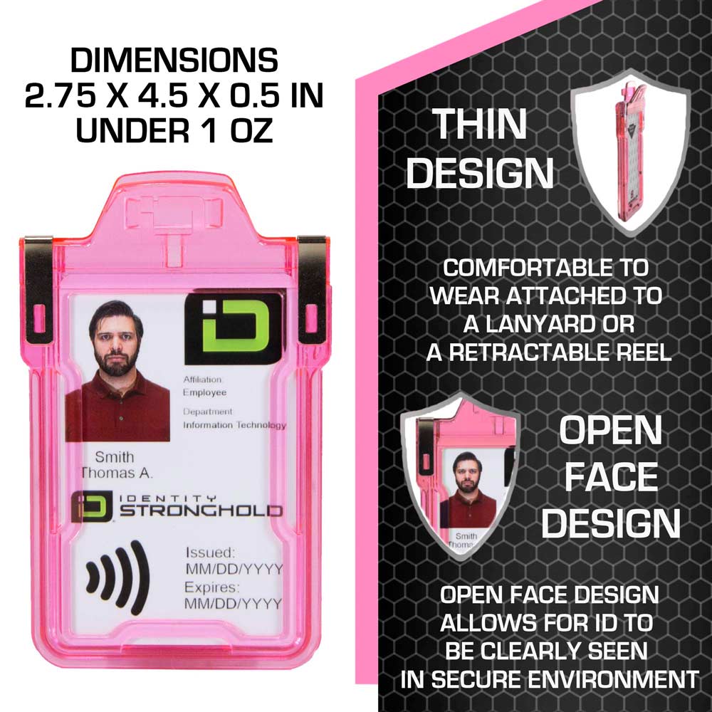 Pink RFID-blocking badge holder with dimensions displayed – Secure ID protection with precise sizing from ID Stronghold.