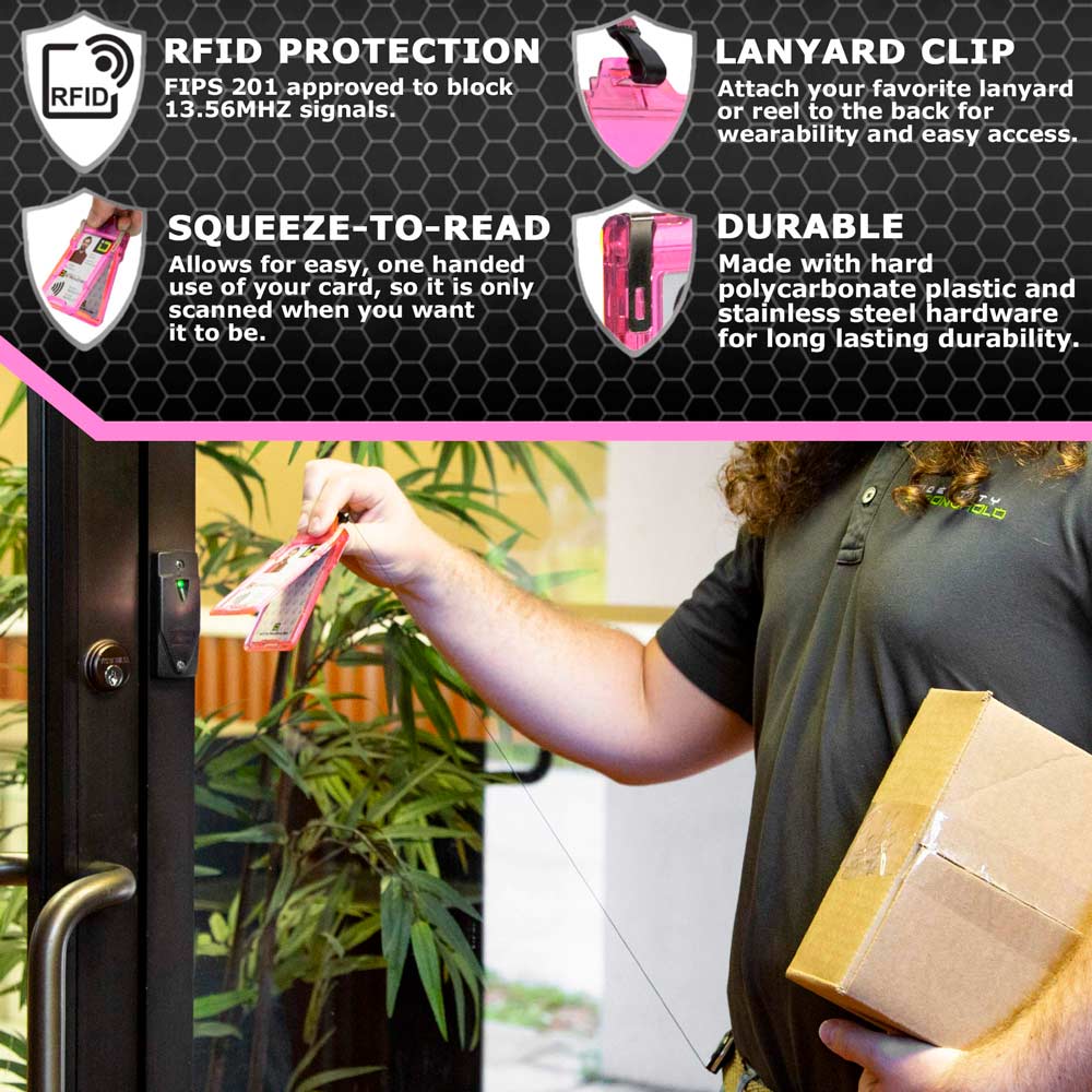 Man using RFID-blocking badge holder with squeeze-to-read technology at secure door access point – Durable ID protection from ID Stronghold.