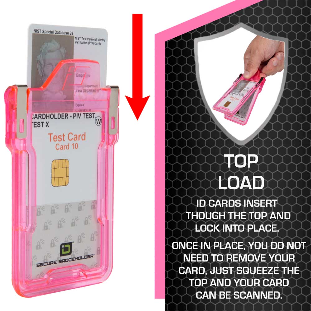 Graphic showing top load of RFID Badge Holder in Pink.