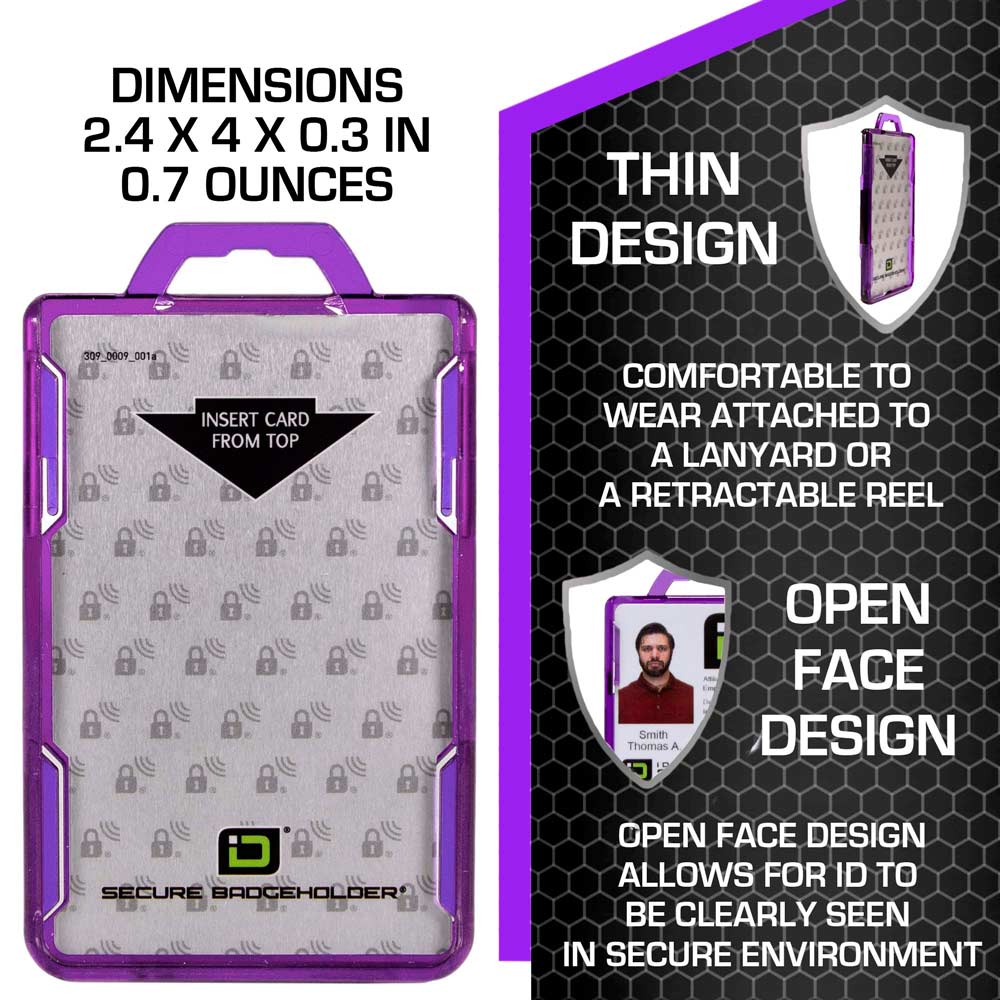 Purple RFID-Blocking Badge Holder – Durable Vertical ID Card Protector with Secure Design and Precise Dimensions for Access Cards and Badges