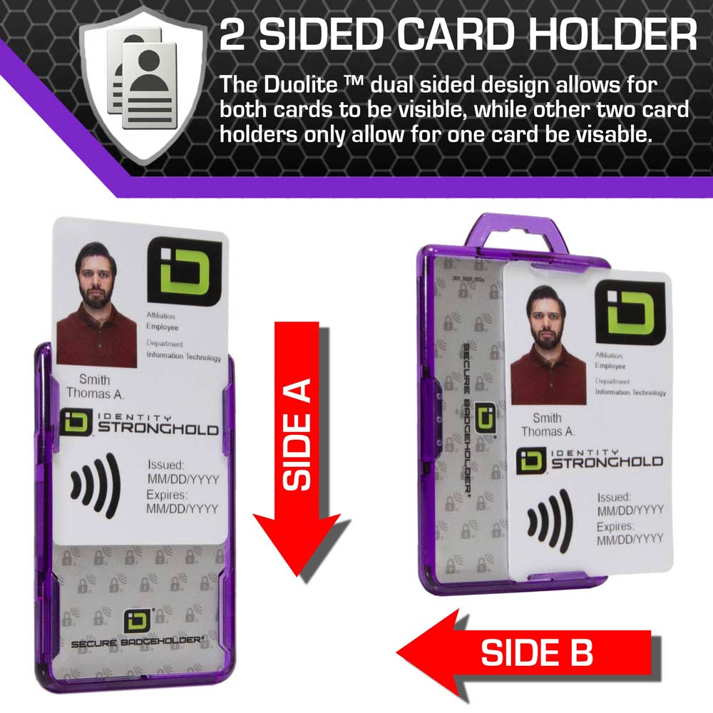 Secure Badge Holder Duolite ® Vertical 2 ID Card Holder, Retractable Reel, and Lanyard Bundle - Purple - IDSH2037 - purblk