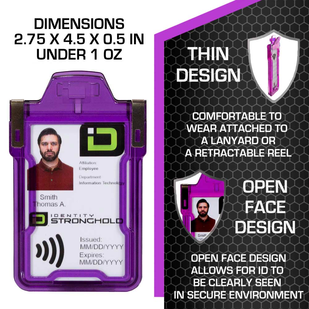 Purple RFID-blocking badge holder with dimensions displayed – Secure ID protection with precise sizing from ID Stronghold.