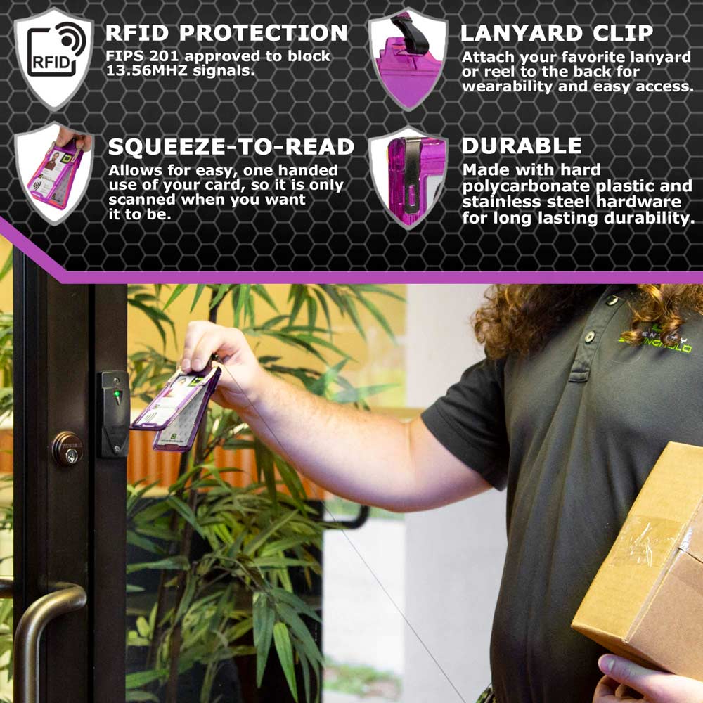 Man using RFID-blocking badge holder with squeeze-to-read technology at secure door access point – Durable ID protection from ID Stronghold.