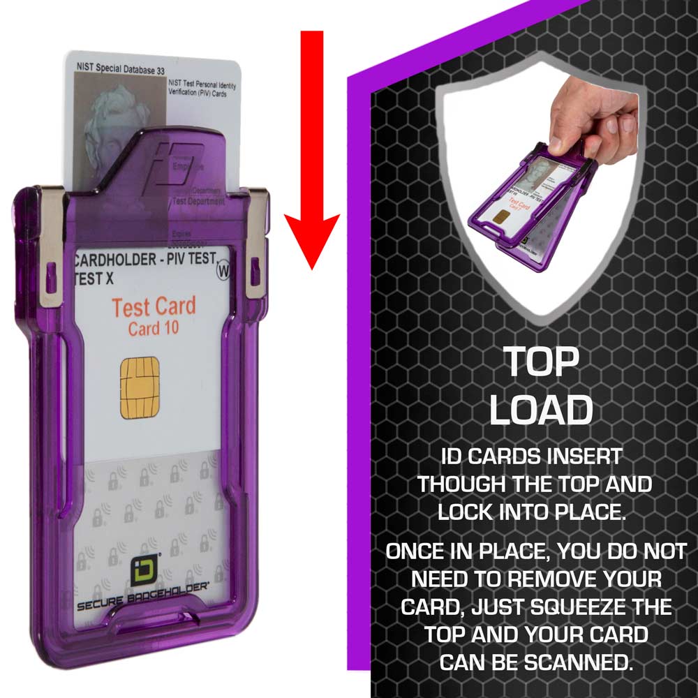 Graphic showing top load of RFID Badge Holder in Purple