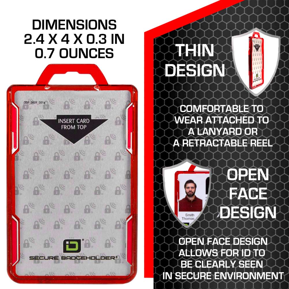 Red RFID-Blocking Badge Holder – Durable Vertical ID Card Protector with Secure Design and Precise Dimensions for Access Cards and Badges