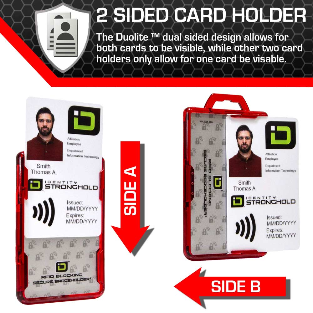 Secure Badge Holder Duolite ® Vertical 2 ID Card Holder, Retractable Reel, and Lanyard Bundle - Red - IDSH2037 - redblk