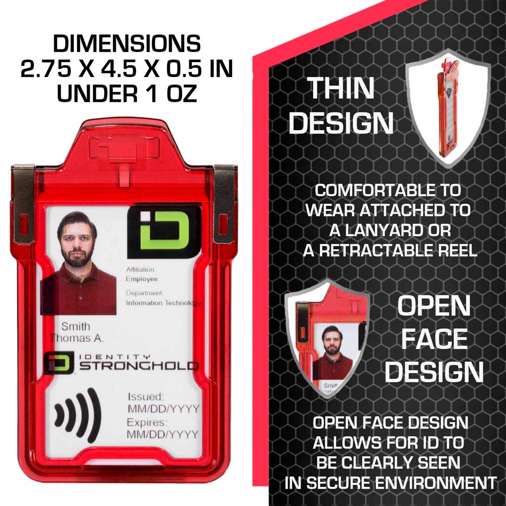 Red RFID-blocking badge holder with dimensions displayed – Secure ID protection with precise sizing from ID Stronghold.