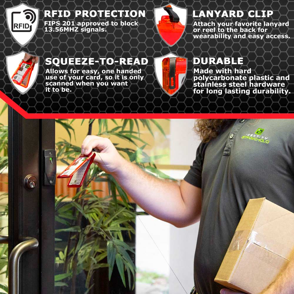 Man using RFID-blocking badge holder with squeeze-to-read technology at secure door access point .