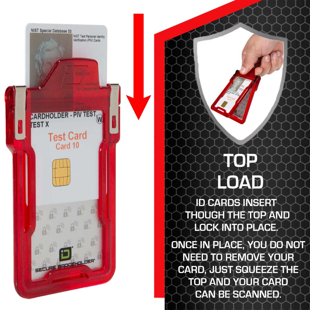 Graphic showing top load of RFID Badge Holder in red.