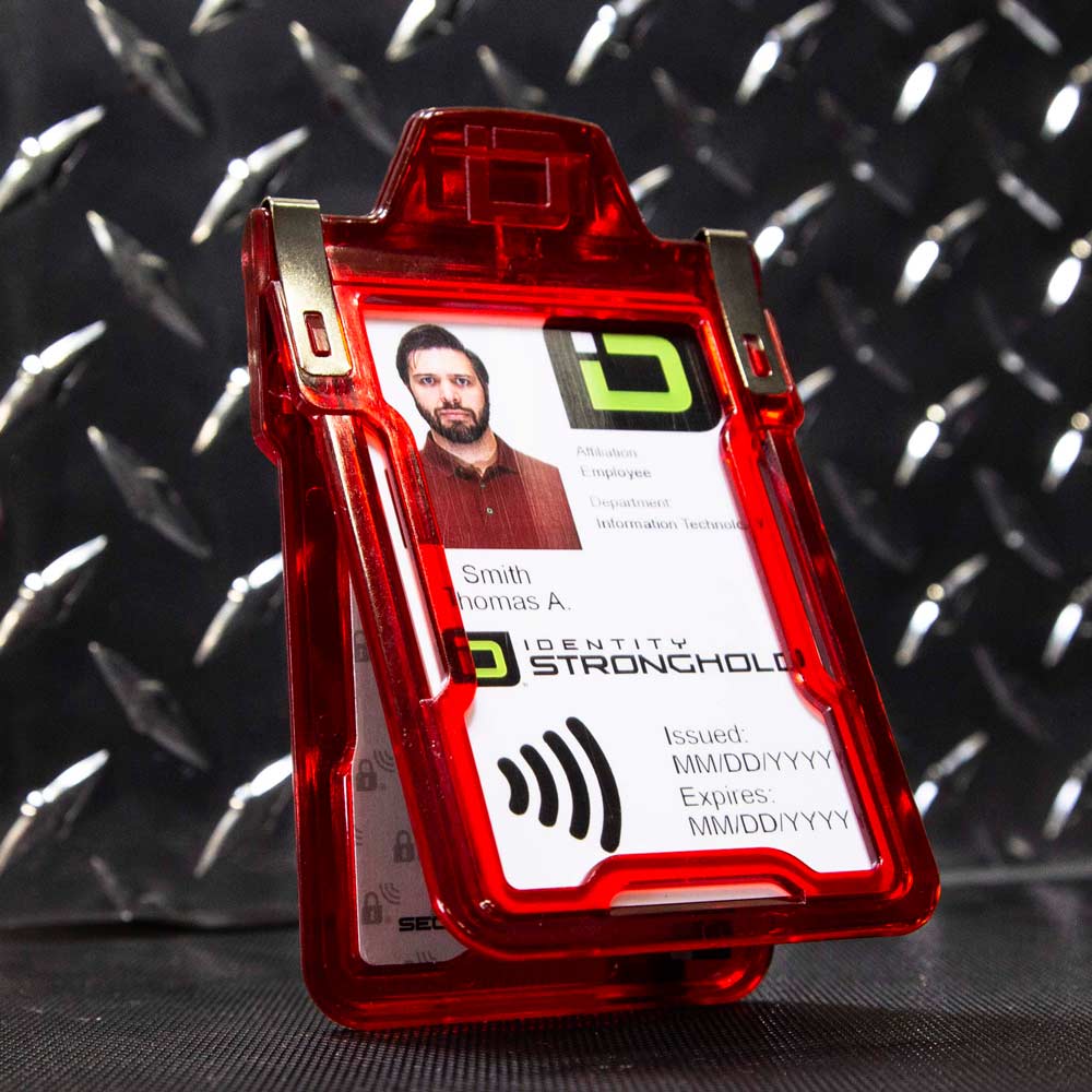 Red RFID-blocking badge holder securely displaying an employee ID card .