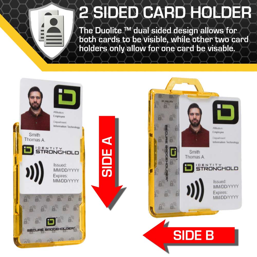 ID Stronghold Secure Badge Holder DuoLite Orange, vertical 2-card holder RFID-blocking protection, durable design for secure and accessible ID display