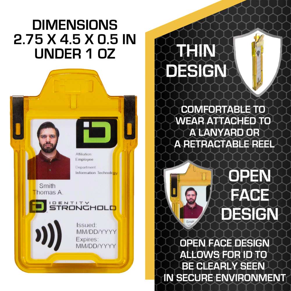 Yellow RFID-blocking badge holder with dimensions displayed – Secure ID protection with precise sizing from ID Stronghold.