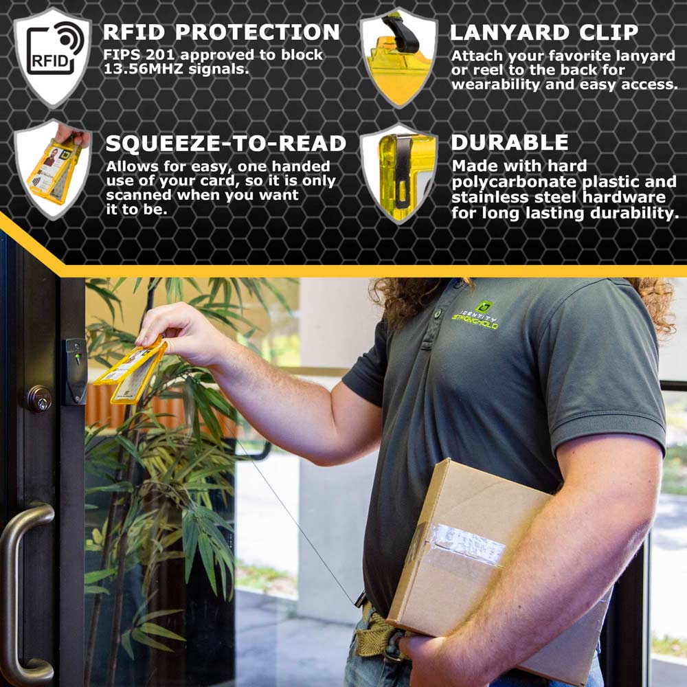 Man using RFID-blocking badge holder with squeeze-to-read technology at secure door access point – Durable ID protection from ID Stronghold.