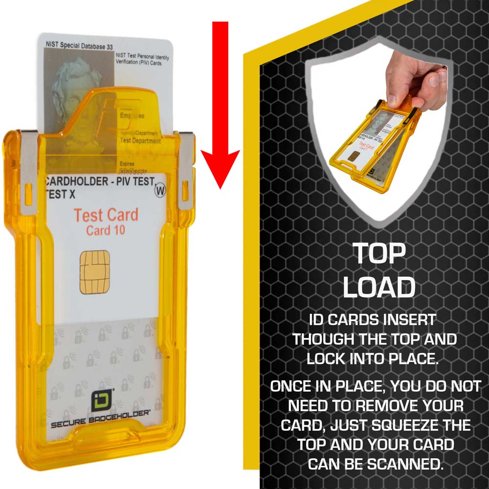 Yellow RFID-blocking badge holder with top-load design – Secure ID protection with squeeze-to-read functionality from ID Stronghold.