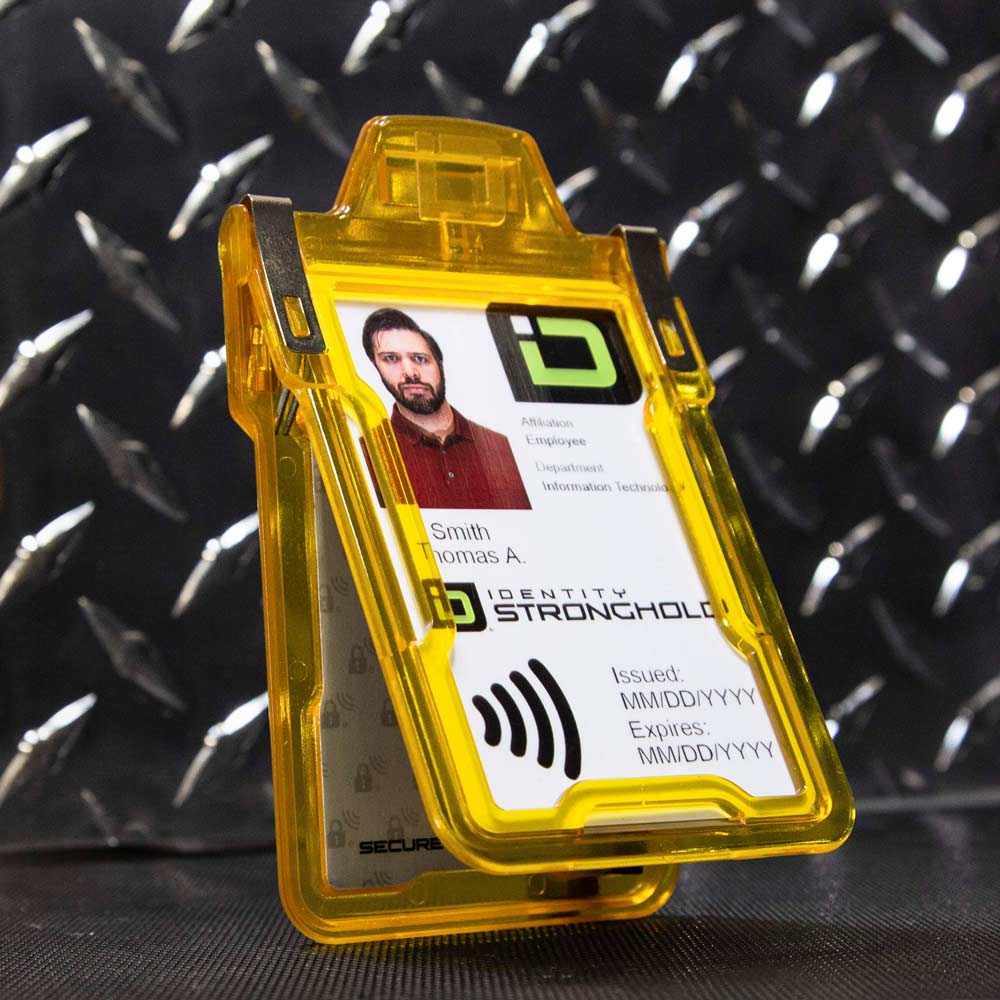 Yellow RFID-blocking badge holder securely displaying an employee ID card – Durable and secure identity protection from ID Stronghold.