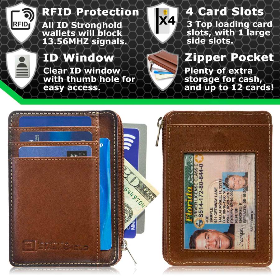 Brown RFID-blocking mini wallet showcasing features, including multiple card slots, a slim design, and secure compartments for credit cards, IDs, and cash. Wallet displayed open, highlighting its compact and practical layout ideal for secure, everyday use.