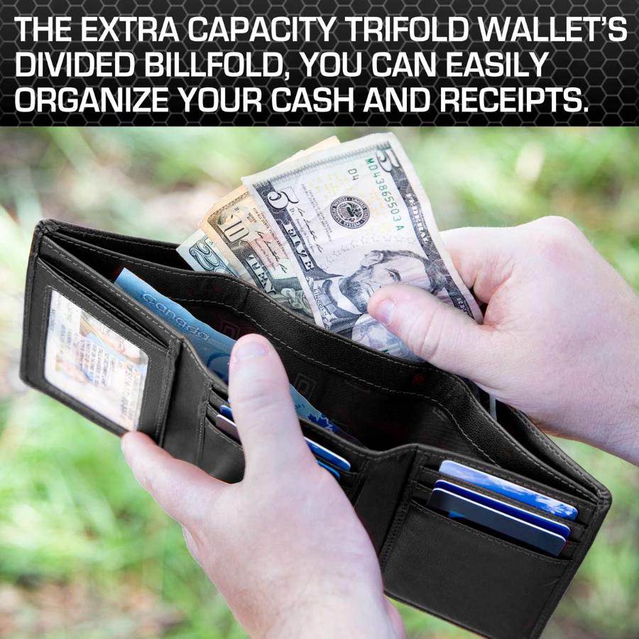 Men’s RFID-blocking trifold wallet in black, shown open to display a divided billfold to organize cash and receipts.  