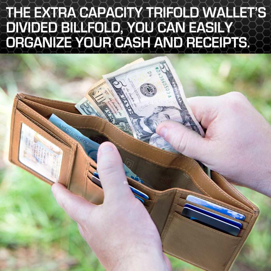 Men’s RFID-blocking trifold wallet in tan, shown open to display a divided billfold to organize cash and receipts.  