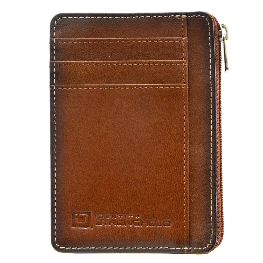 Front view of a brown RFID-blocking mini wallet, showcasing its sleek design and secure features. The wallet is closed, highlighting its compact profile, making it a stylish accessory for safely storing credit cards, IDs, and cash.