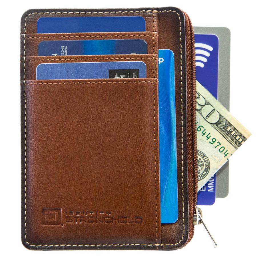 Brown RFID-blocking mini wallet shown open, displaying multiple card slots and compartments for secure storage of credit cards, IDs, and cash. Wallet designed with a compact, slim profile for convenient everyday carry