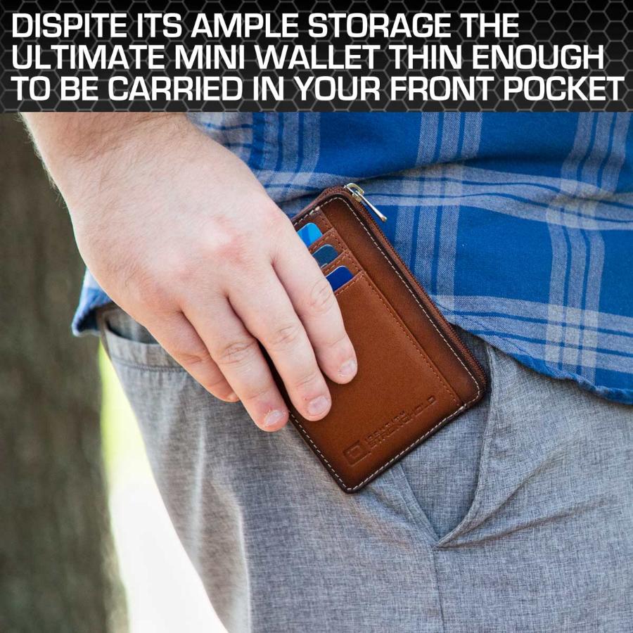 Brown RFID-blocking mini wallet partially visible in a front pocket, demonstrating its compact and slim design. The wallet’s secure, minimalist style makes it ideal for convenient everyday carry, holding essentials like credit cards, IDs, and cash.