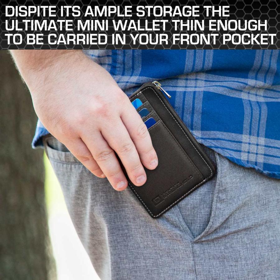 Black RFID-blocking mini wallet partially visible in a front pocket, demonstrating its compact and slim design. The wallet’s secure, minimalist style makes it ideal for convenient everyday carry, holding essentials like credit cards, IDs, and cash.