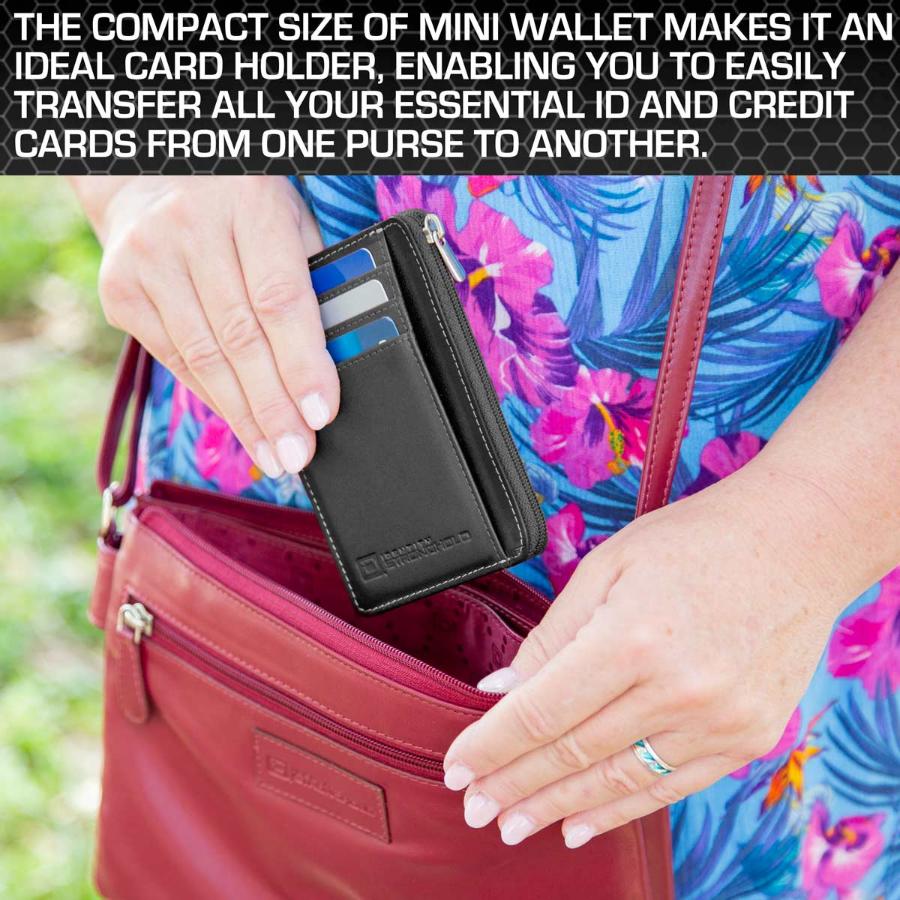 Black RFID-blocking mini wallet placed inside a purse, highlighting its compact design and stylish appearance. The wallet is shown with its secure closure and multiple compartments, making it a practical accessory for organizing essentials like credit cards, IDs, and cash while on the go.