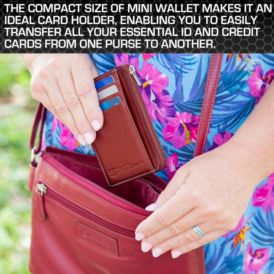 Red RFID-blocking mini wallet placed inside a purse, highlighting its compact design and stylish appearance. The wallet is shown with its secure closure and multiple compartments, making it a practical accessory for organizing essentials like credit cards, IDs, and cash while on the go.