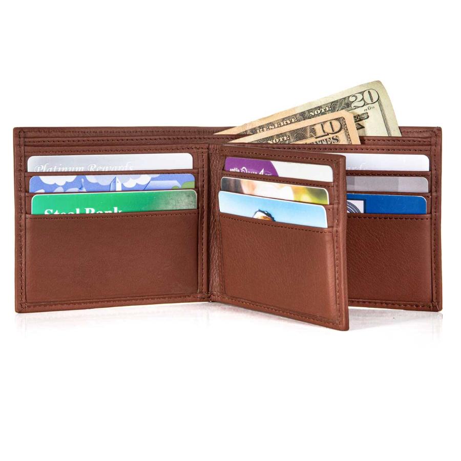 Close-up of RFID Bifold Wallet card slots, highlighting the quality leather material, precise stitching, and RFID-blocking technology