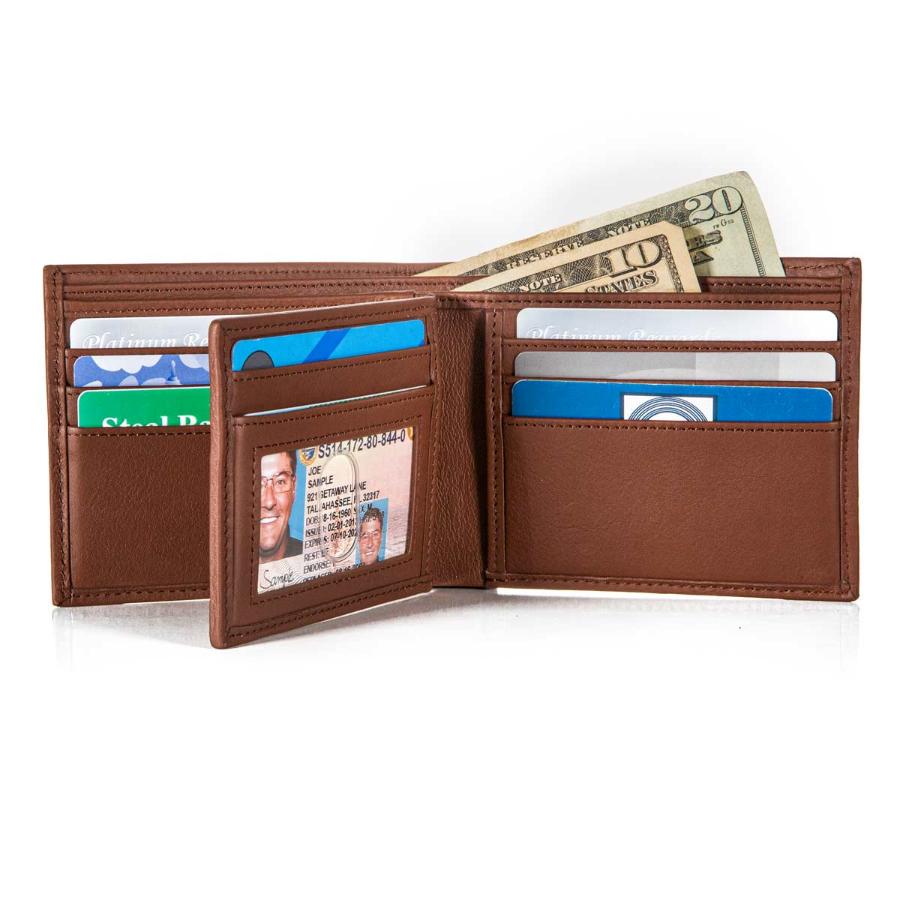 Open RFID Bifold Wallet displaying 10 card slots filled with credit cards and a spacious billfold for cash, emphasizing its capacity and organization.