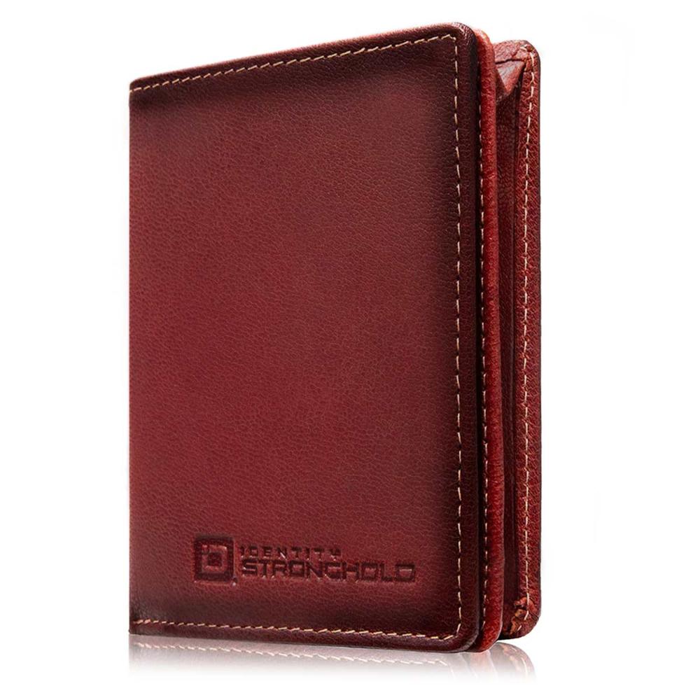 The Waltlet RFID secure bifold wallet in red leather, showing a sleek, minimalist front with detailed stitching.