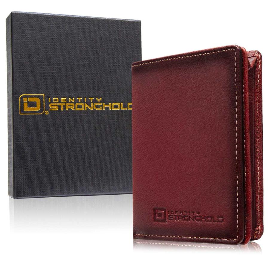 RFID secure bifold wallet in redleather, minimalist front, with gift box. SKU IDSH7068