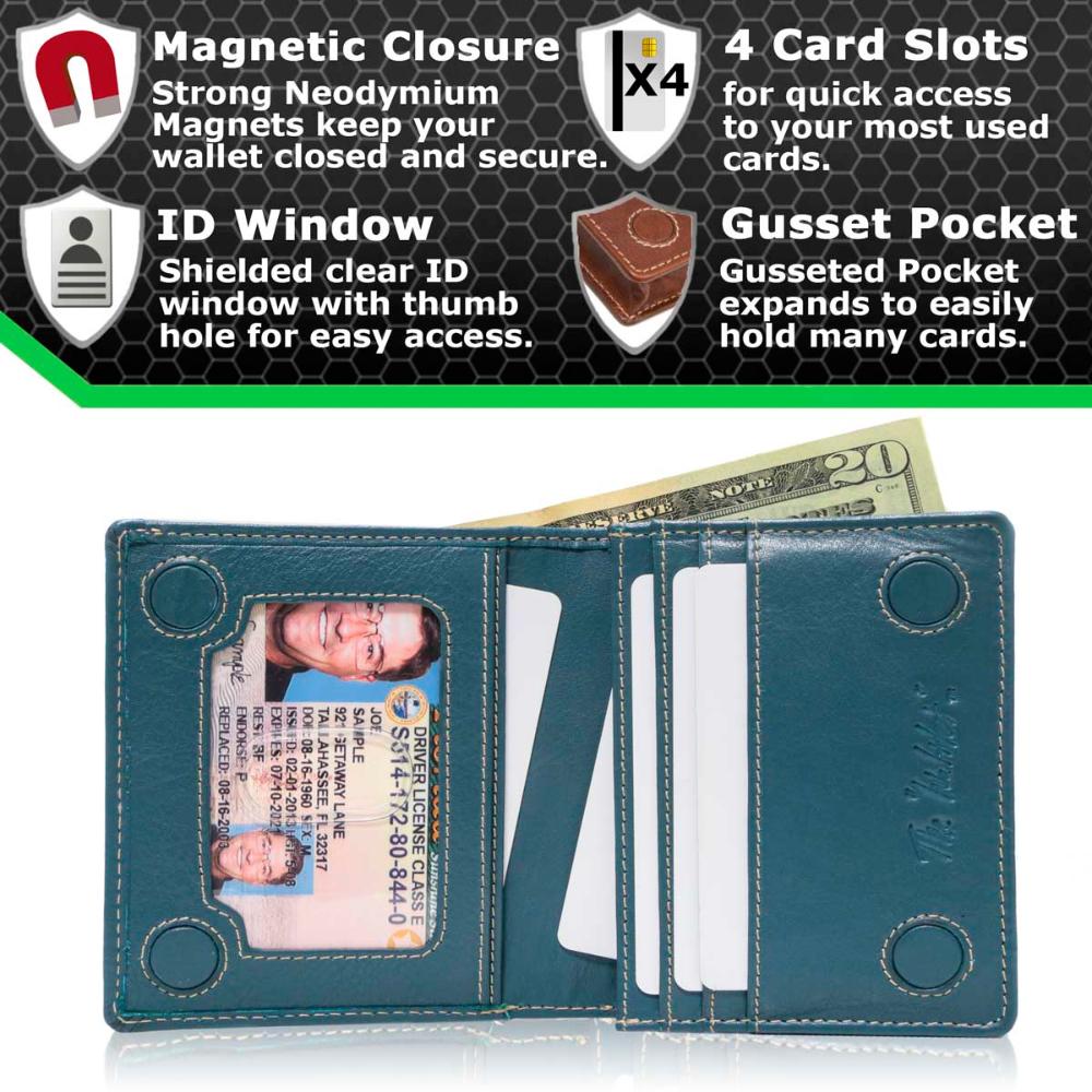 The Waltlet RFID bifold wallet opened, revealing multiple card slots, a transparent ID window, and spacious compartments for cash. SKU IDSH7068