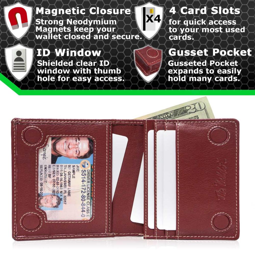 The Waltlet RFID bifold wallet opened, revealing multiple card slots, a transparent ID window, and spacious compartments for cash. SKU IDSH7068