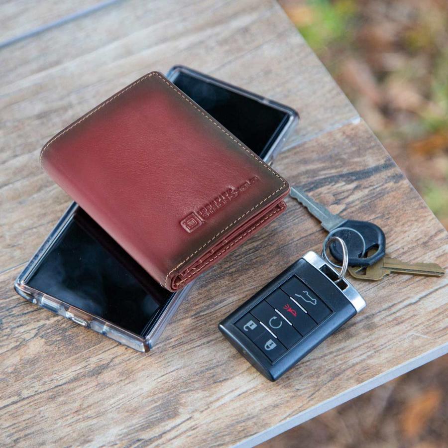 RFID secure bifold wallet in red leather, minimalist front, with keys and phone. SKU IDSH7068