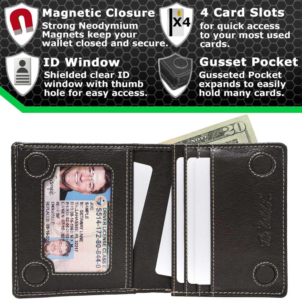 The Waltlet RFID bifold wallet opened, revealing multiple card slots, a transparent ID window, and spacious compartments for cash. SKU IDSH7068