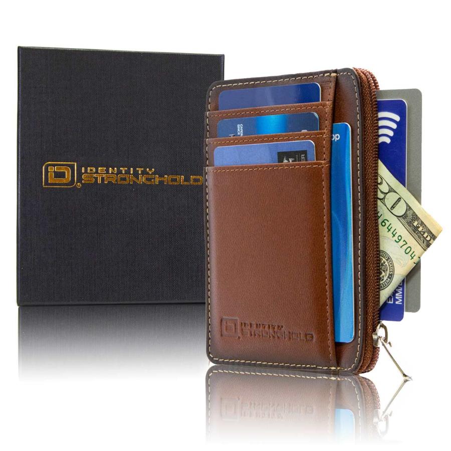 Brown RFID-blocking mini wallet displayed in an elegant box, emphasizing its stylish design and secure features. The packaging showcases the wallet’s compact size and practical functionality, making it an attractive gift option for those seeking both style and security in their everyday accessories.