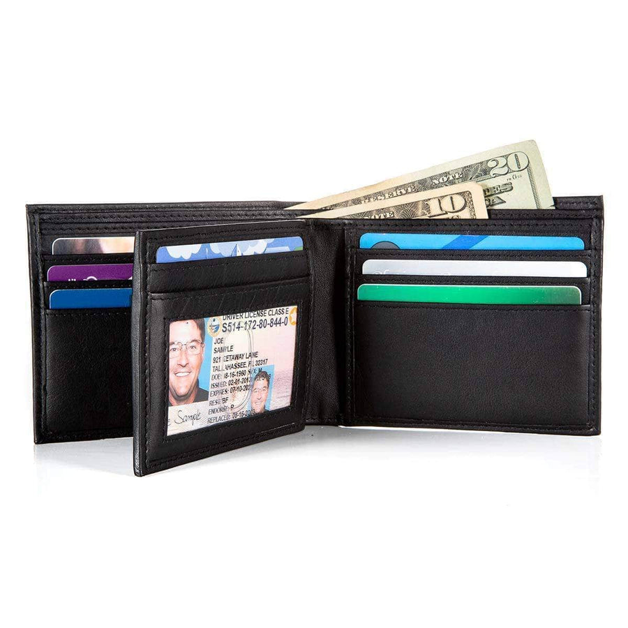 Open RFID Bifold Wallet displaying 10 card slots filled with credit cards and a spacious billfold for cash, emphasizing its capacity and organization.