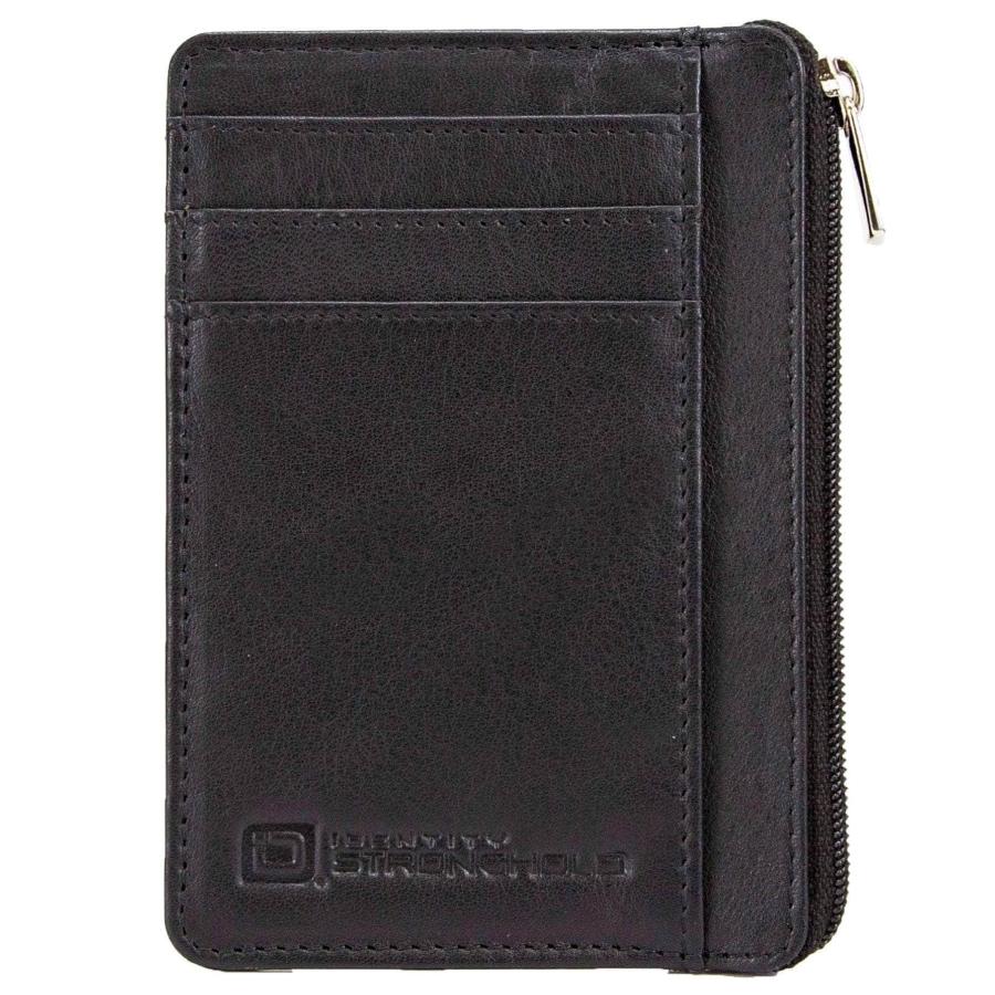 Front view of a black RFID-blocking mini wallet, showcasing its sleek design and secure features. The wallet is closed, highlighting its compact profile, making it a stylish accessory for safely storing credit cards, IDs, and cash.