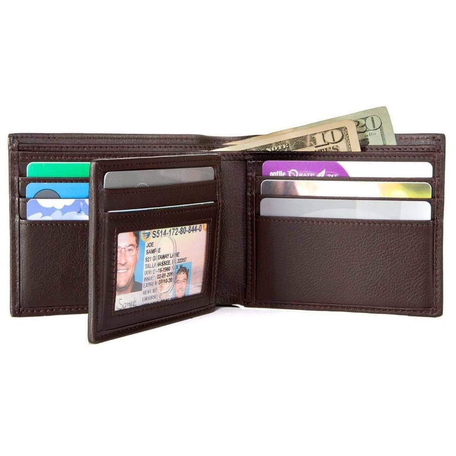 Open RFID Bifold Wallet displaying 10 card slots filled with credit cards and a spacious billfold for cash, emphasizing its capacity and organization.