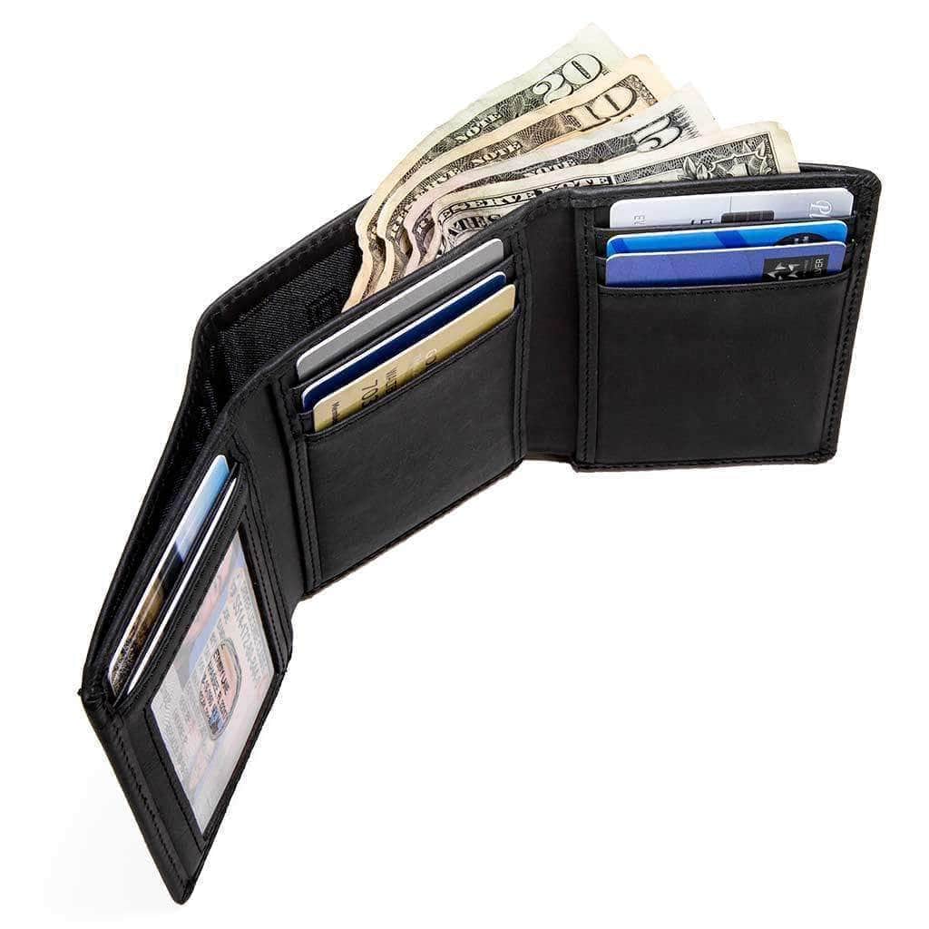 Leather Trifold 8 Card RFID Wallet - Black