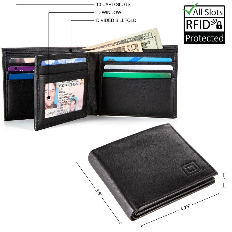 Black leather RFID Wallet Bifold with billfold section open, revealing ample space for cash storage and secure card slots.