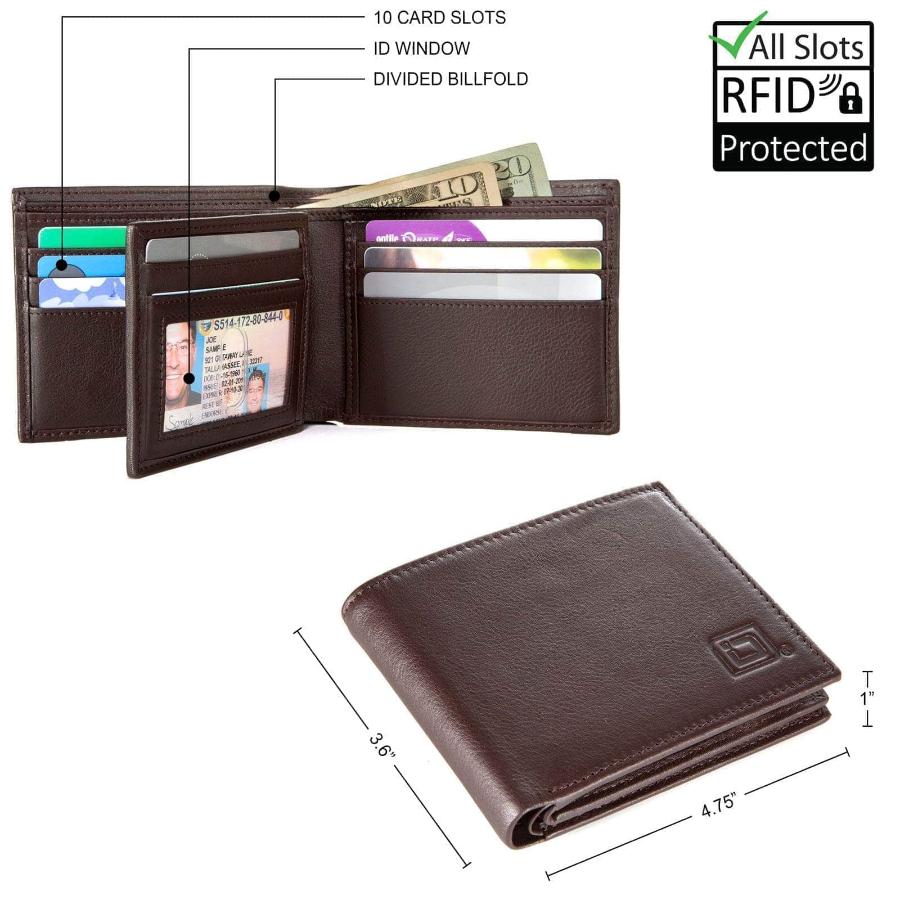 Brown Leather RFID Wallet Bifold with billfold section open, revealing ample space for cash storage and secure card slots.