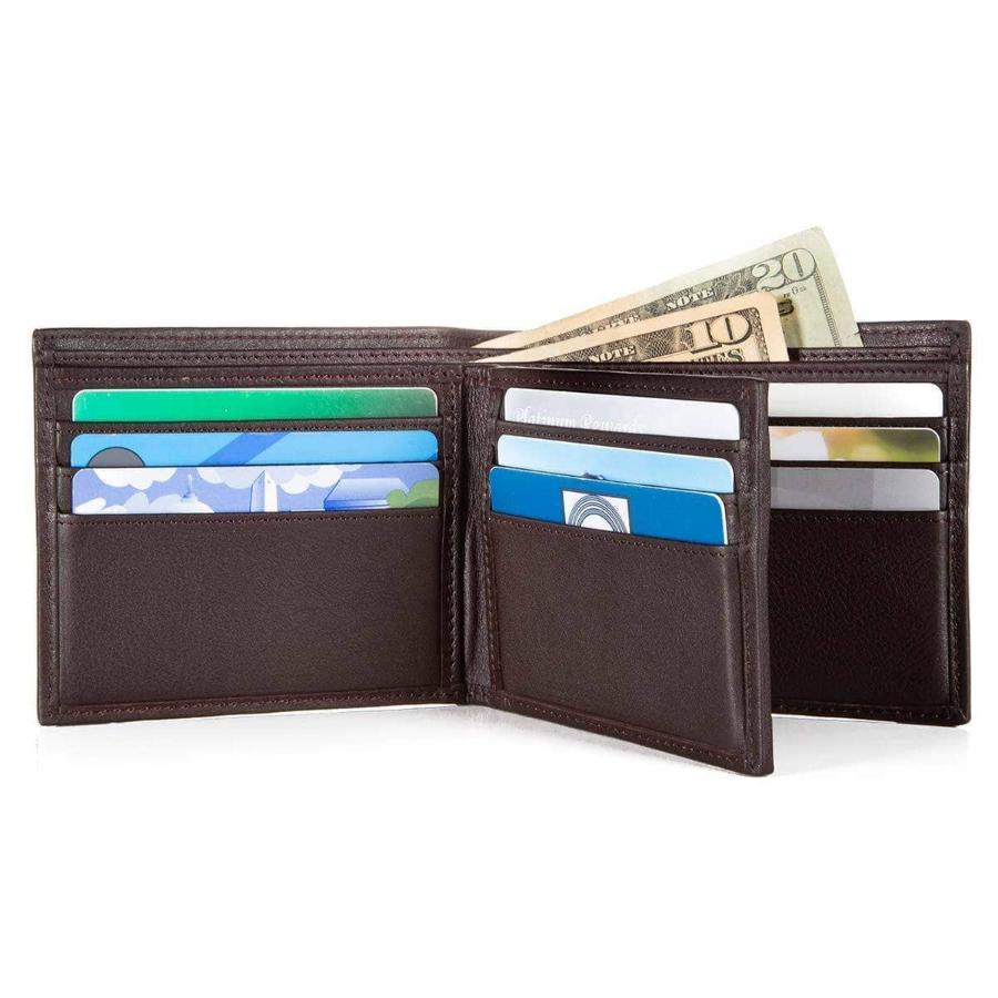 Close-up of RFID Bifold Wallet card slots, highlighting the quality leather material, precise stitching, and RFID-blocking technology