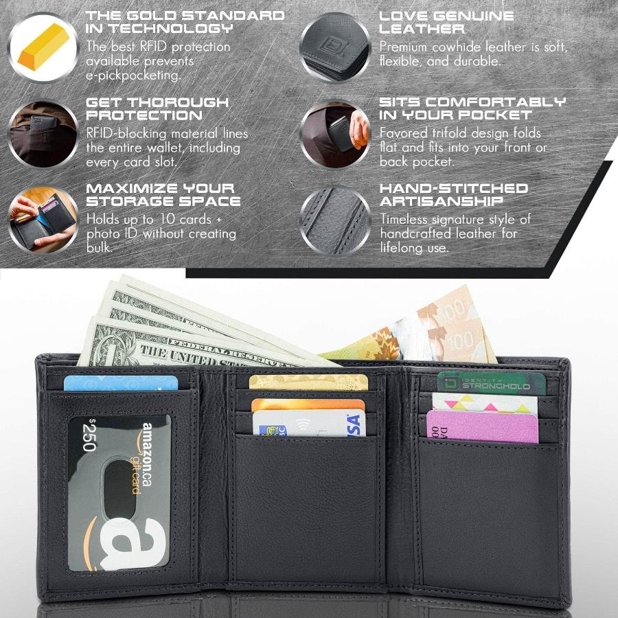 Men’s RFID-blocking trifold wallet in black, showing the interior with 8 card slots and a clear ID window. This extra-capacity wallet provides advanced RFID protection to prevent electronic theft, making it a secure and stylish accessory for men who need ample card storage and safety on the go.