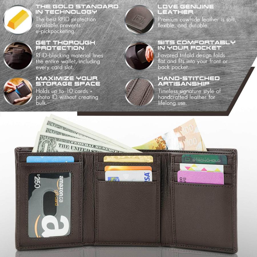 Brown RFID-blocking trifold wallet in black, showing the interior with 8 card slots and a clear ID window. This extra-capacity wallet provides advanced RFID protection to prevent electronic theft, making it a secure and stylish accessory for men who need ample card storage and safety on the go.