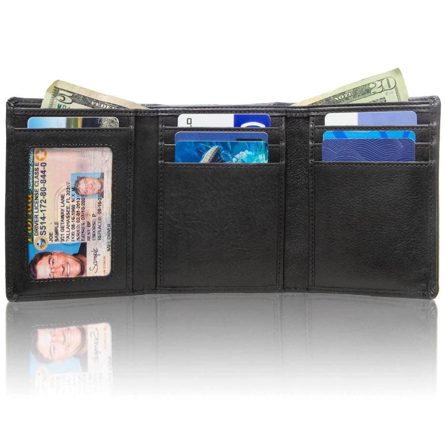 Men’s RFID-blocking trifold wallet in black, featuring 8 card slots, a clear ID window, and durable leather material. Designed with advanced RFID protection technology to prevent electronic theft, this stylish wallet offers ample space and security, perfect for everyday carry or travel.