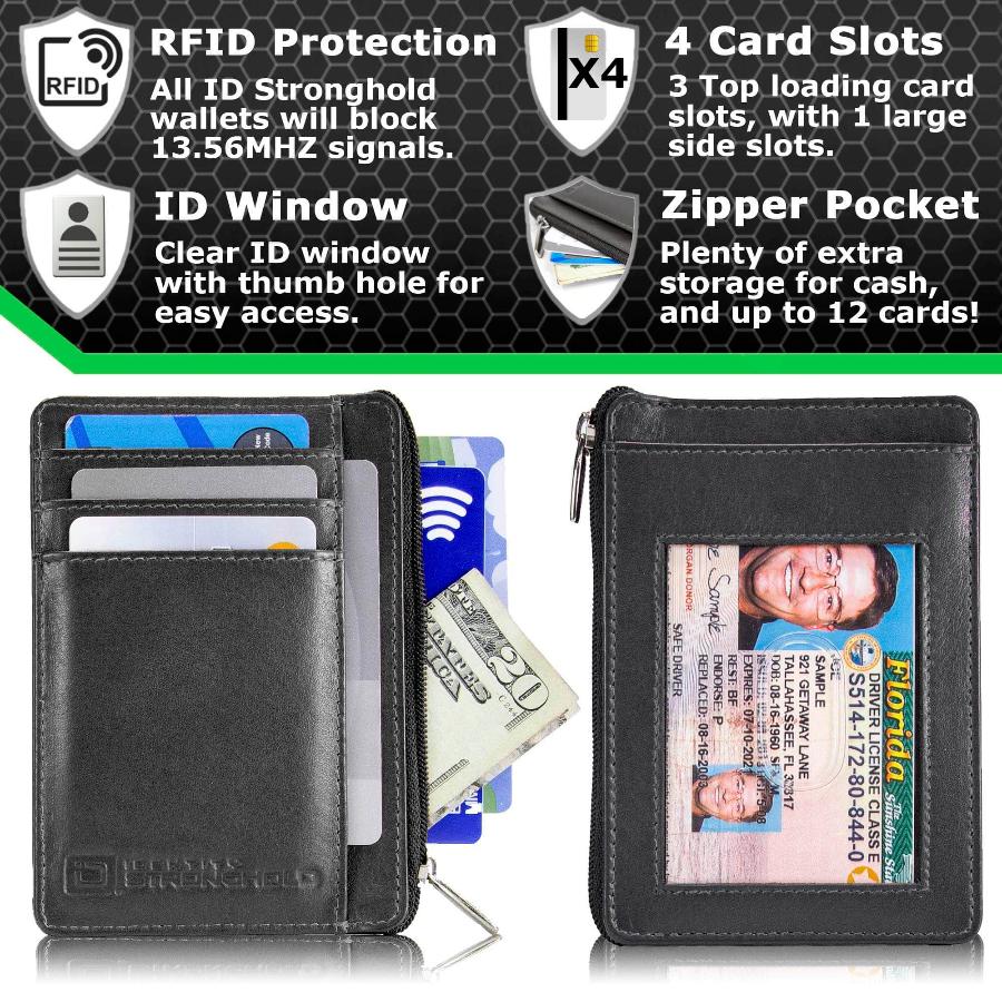 Black RFID-blocking mini wallet showcasing features, including multiple card slots, a slim design, and secure compartments for credit cards, IDs, and cash. Wallet displayed open, highlighting its compact and practical layout ideal for secure, everyday use.