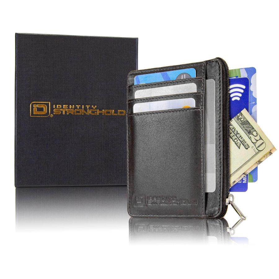 Black RFID-blocking mini wallet displayed in an elegant box, emphasizing its stylish design and secure features. The packaging showcases the wallet’s compact size and practical functionality, making it an attractive gift option for those seeking both style and security in their everyday accessories.