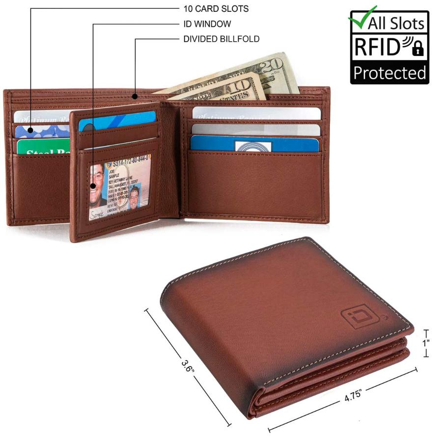 Brown Leather RFID Wallet Bifold with billfold section open, revealing ample space for cash storage and secure card slots.